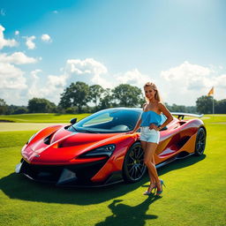 A stunning hypercar showcased on a lush green golf course fairway, with a pretty woman in stylish white shorts standing confidently next to the vehicle
