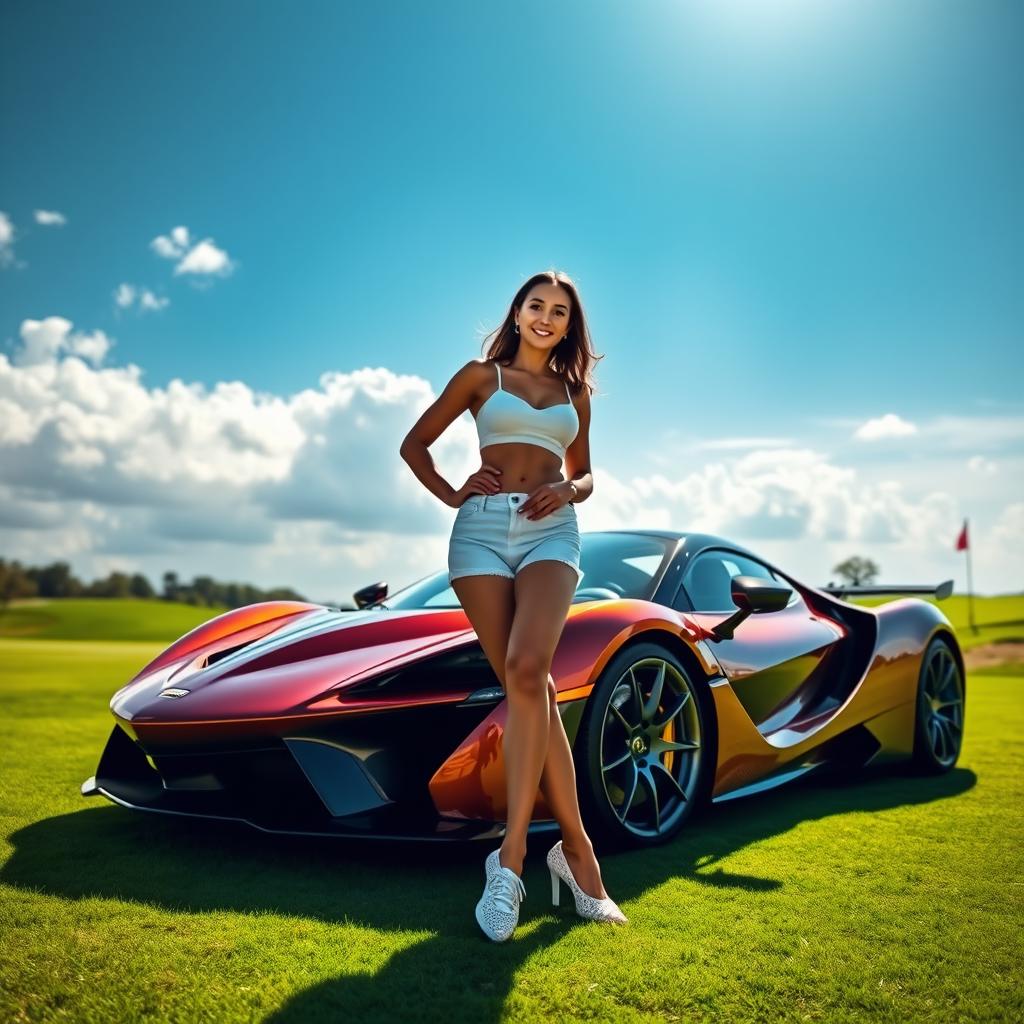 A stunning hypercar showcased on a lush green golf course fairway, with a pretty woman in stylish white shorts standing confidently next to the vehicle