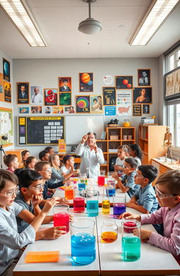 A vibrant classroom scene filled with students enthusiastically engaging in various science experiments