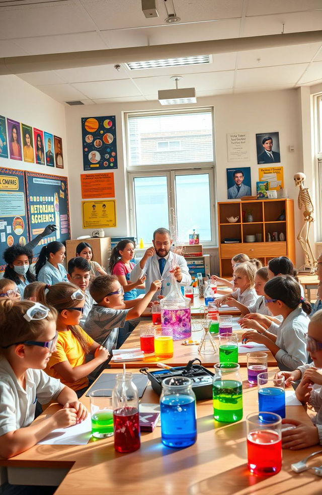 A vibrant classroom scene filled with students enthusiastically engaging in various science experiments