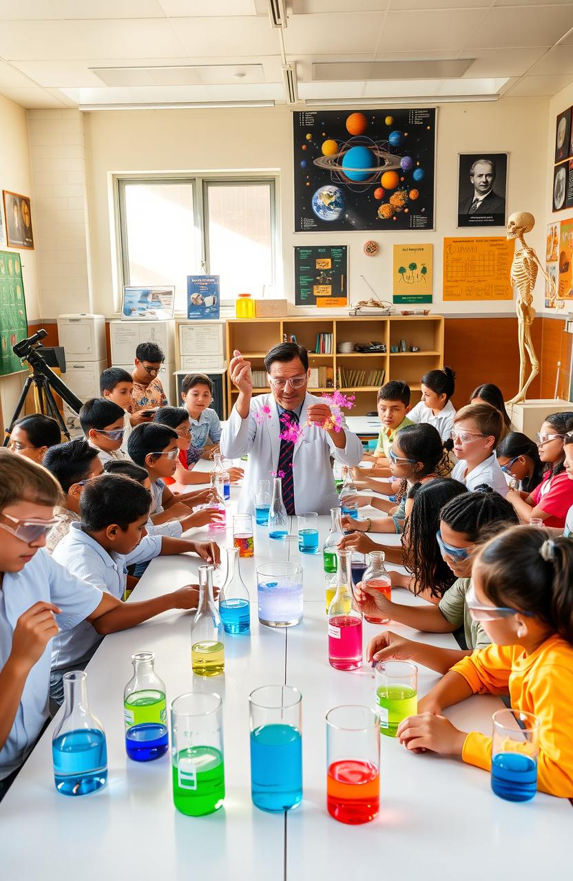 A vibrant classroom scene filled with students enthusiastically engaging in various science experiments