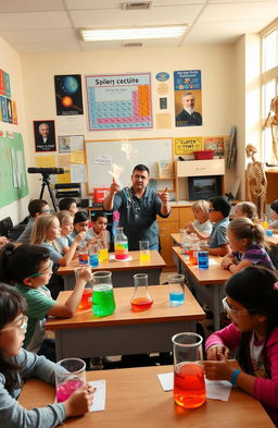 A vibrant classroom scene filled with students enthusiastically engaging in various science experiments