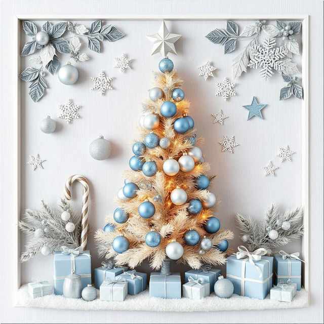 A decorative Christmas panel incorporating various Christmas elements, with a central focus on a beautiful Christmas tree in silver and blue colors