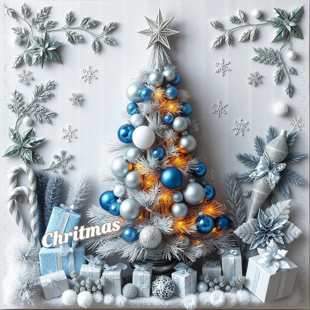 A decorative Christmas panel incorporating various Christmas elements, with a central focus on a beautiful Christmas tree in silver and blue colors