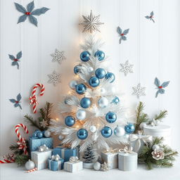 A decorative Christmas panel incorporating various Christmas elements, with a central focus on a beautiful Christmas tree in silver and blue colors