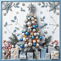A decorative Christmas panel incorporating various Christmas elements, with a central focus on a beautiful Christmas tree in silver and blue colors