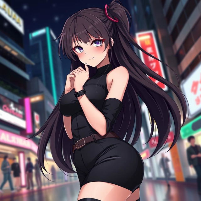 An ecchi anime girl dressed entirely in black, showcasing a stylish and alluring outfit that emphasizes her curves