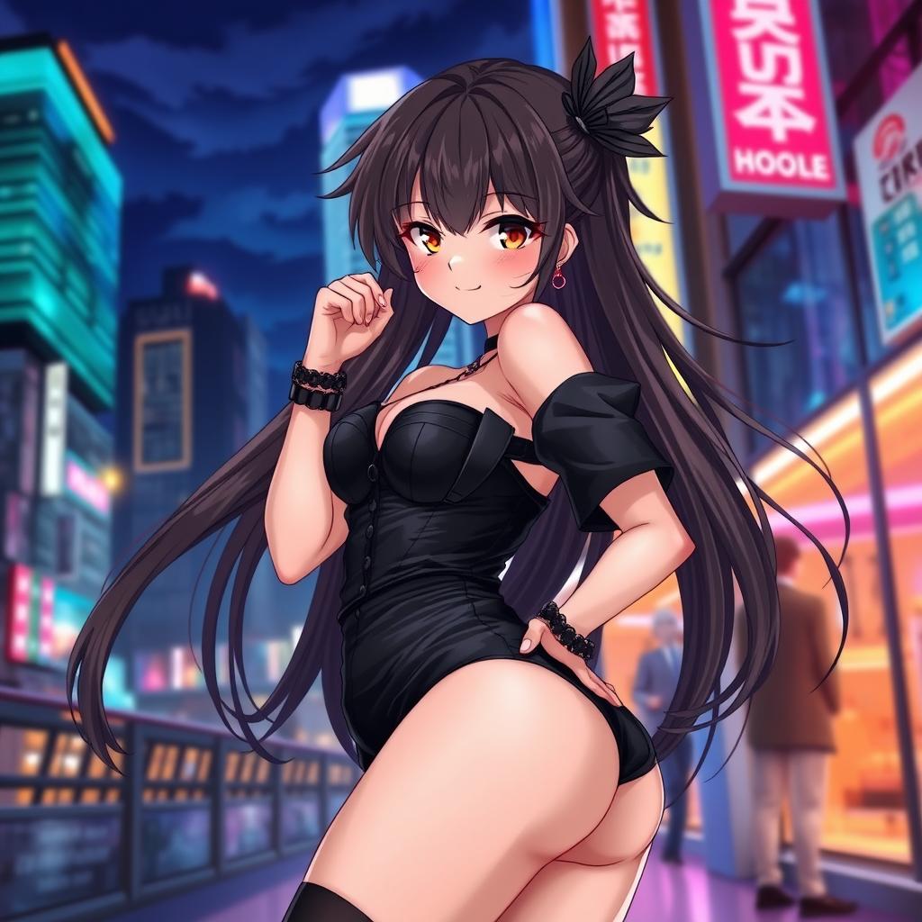 An ecchi anime girl dressed entirely in black, showcasing a stylish and alluring outfit that emphasizes her curves