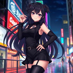 An ecchi anime girl dressed entirely in black, showcasing a stylish and alluring outfit that emphasizes her curves
