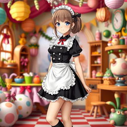 A full-figure portrayal of a young female character in a playful black maid uniform designed for a whimsical, imaginative setting