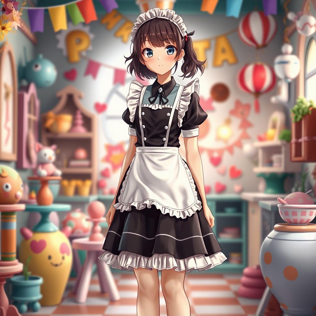 A full-figure portrayal of a young female character in a playful black maid uniform designed for a whimsical, imaginative setting