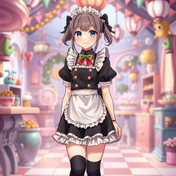 A full-figure portrayal of a young female character in a playful black maid uniform designed for a whimsical, imaginative setting