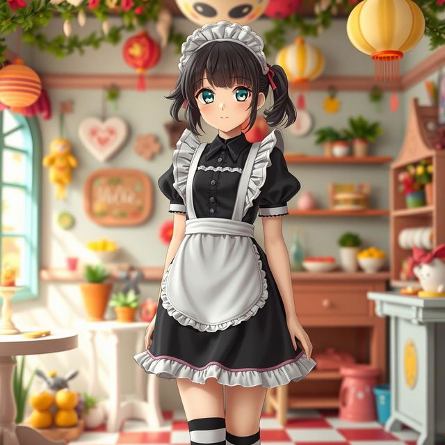 A full-figure portrayal of a young female character in a playful black maid uniform designed for a whimsical, imaginative setting