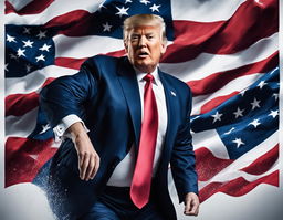 A vibrant digital advertisement featuring Donald Trump running for president against an American flag backdrop