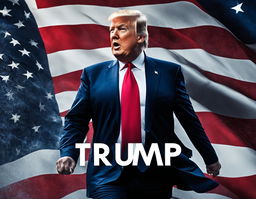 A vibrant digital advertisement featuring Donald Trump running for president against an American flag backdrop