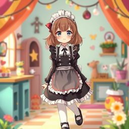 A whimsical portrayal of a young female character dressed in a playful black maid uniform, designed with frills and an adorable apron