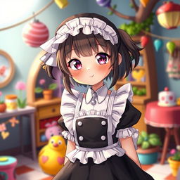 A whimsical portrayal of a young female character dressed in a playful black maid uniform, designed with frills and an adorable apron