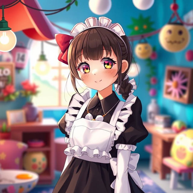 A whimsical portrayal of a young female character dressed in a playful black maid uniform, designed with frills and an adorable apron