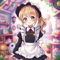 A whimsical portrayal of a young female character dressed in a playful black maid uniform, designed with frills and an adorable apron