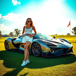A stunning hypercar showcased on a lush green golf course fairway, with a pretty woman in stylish white shorts and trendy Nike shoes standing confidently next to the vehicle
