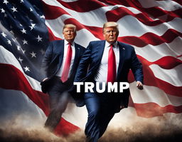 A vibrant digital advertisement featuring Donald Trump running for president against an American flag backdrop