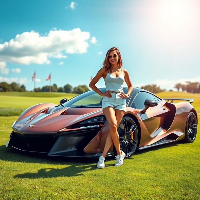 A stunning hypercar showcased on a lush green golf course fairway, with a pretty woman in stylish white shorts and trendy Nike shoes standing confidently next to the vehicle