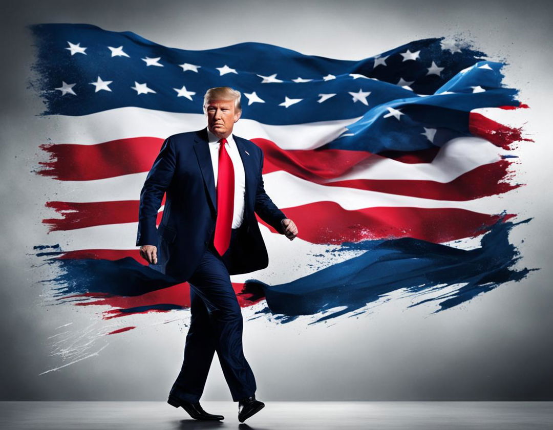 A vibrant digital advertisement featuring Donald Trump running for president against an American flag backdrop