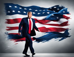 A vibrant digital advertisement featuring Donald Trump running for president against an American flag backdrop