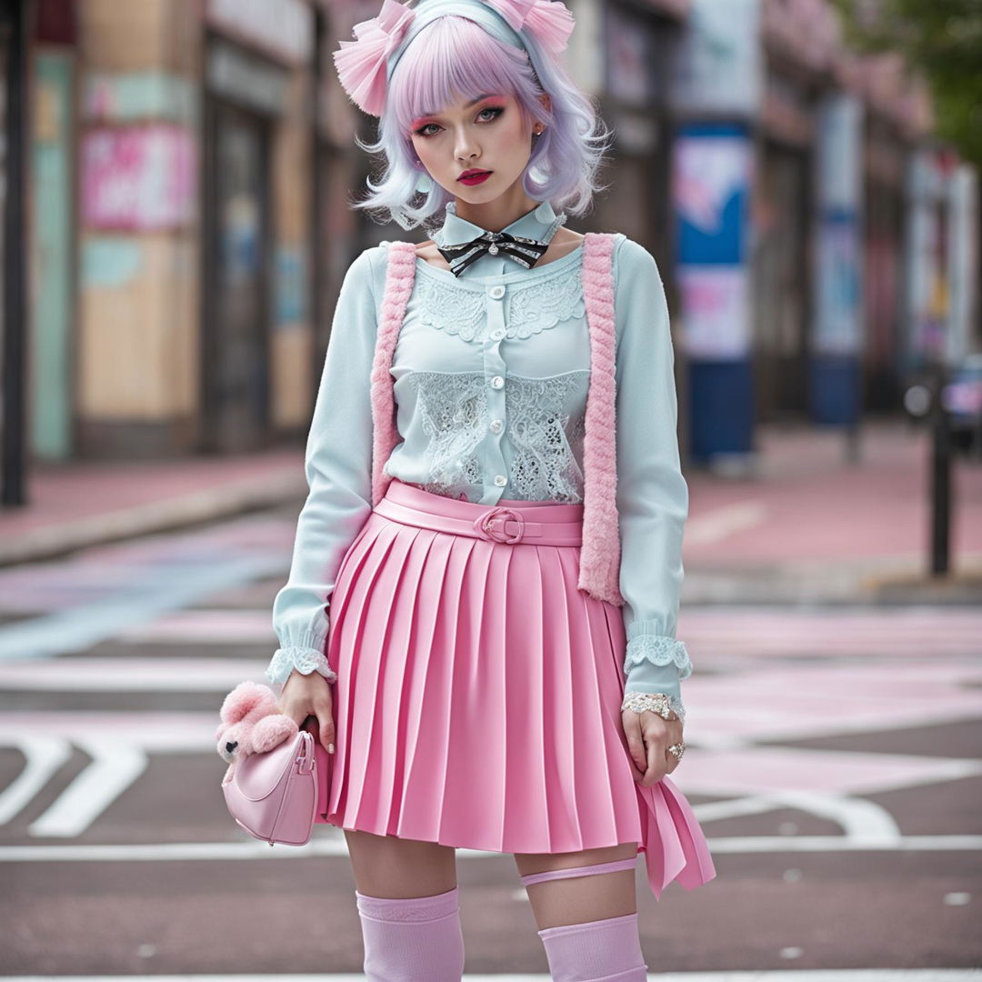 High fashion photograph of a model in a sophisticated kawaii-inspired outfit amidst an urban landscape transformed into a pastel wonderland