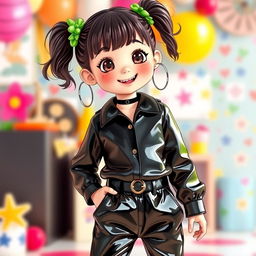 A whimsical and imaginative portrayal of a young female character styled in playful black PVC trousers and a matching black PVC shirt