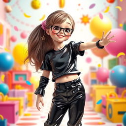 A whimsical and imaginative portrayal of a young female character styled in playful black PVC trousers and a matching black PVC shirt