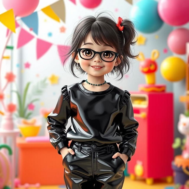 A whimsical and imaginative portrayal of a young female character styled in playful black PVC trousers and a matching black PVC shirt