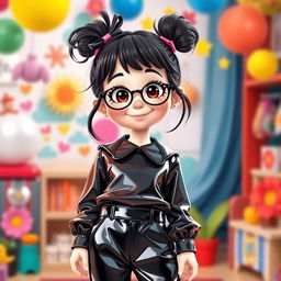 A whimsical and imaginative portrayal of a young female character styled in playful black PVC trousers and a matching black PVC shirt