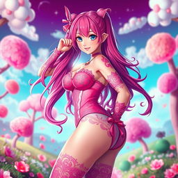 A vibrant and colorful fantasy scene featuring a striking Hentai character, a girl wearing an entirely pink skimpy outfit that accents her curves