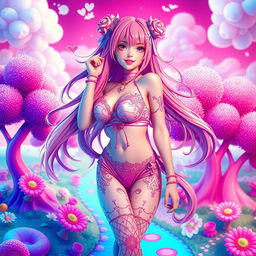 A vibrant and colorful fantasy scene featuring a striking Hentai character, a girl wearing an entirely pink skimpy outfit that accents her curves