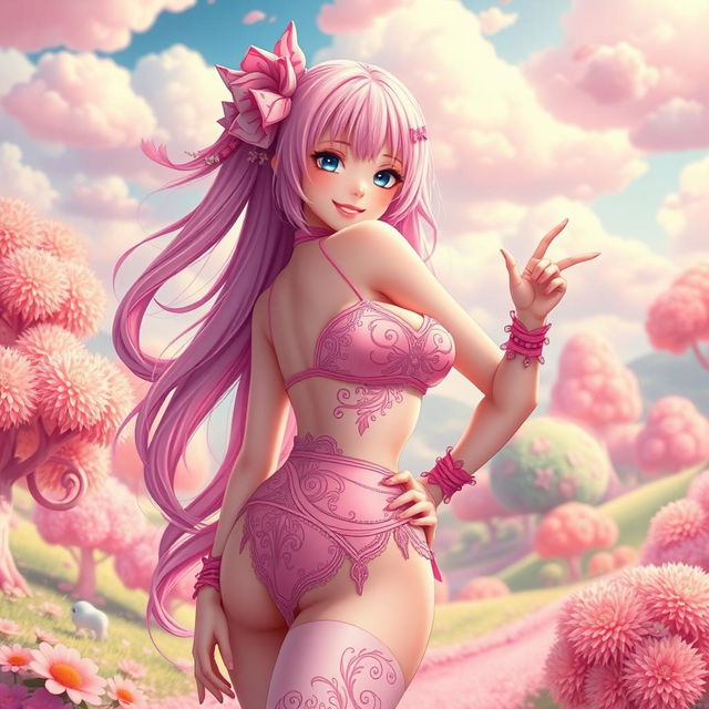 A vibrant and colorful fantasy scene featuring a striking Hentai character, a girl wearing an entirely pink skimpy outfit that accents her curves