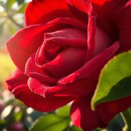 An intricate and beautifully illustrated close-up of a vibrant, massive red rose with dew drops glistening on its petals, placed against a soft, blurred background of a sunny garden