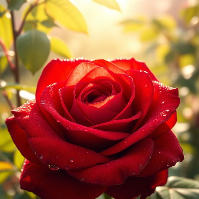 An intricate and beautifully illustrated close-up of a vibrant, massive red rose with dew drops glistening on its petals, placed against a soft, blurred background of a sunny garden