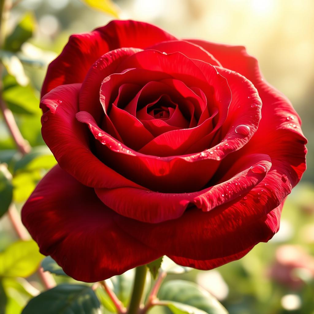 An intricate and beautifully illustrated close-up of a vibrant, massive red rose with dew drops glistening on its petals, placed against a soft, blurred background of a sunny garden