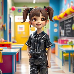 A playful and imaginative portrayal of a young female character styled as a school girl, wearing black PVC trousers and a matching black PVC shirt