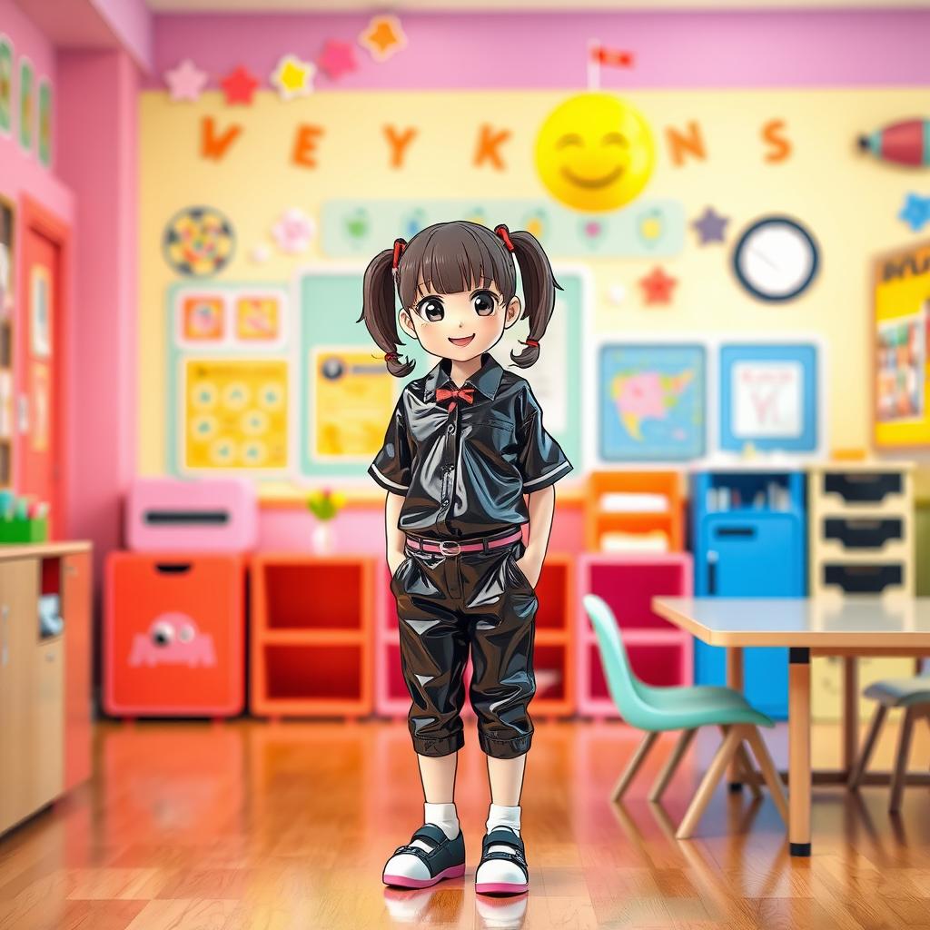 A playful and imaginative portrayal of a young female character styled as a school girl, wearing black PVC trousers and a matching black PVC shirt