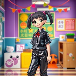 A playful and imaginative portrayal of a young female character styled as a school girl, wearing black PVC trousers and a matching black PVC shirt