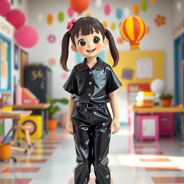 A playful and imaginative portrayal of a young female character styled as a school girl, wearing black PVC trousers and a matching black PVC shirt