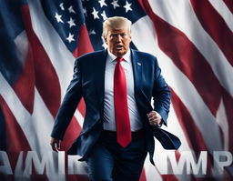 A dynamic digital advertisement featuring Donald Trump running for president in 2024 against an American flag backdrop