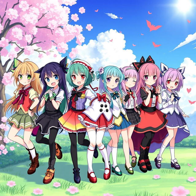 A vibrant and colorful scene featuring several anime-style girls in a row, each with distinct and unique outfits