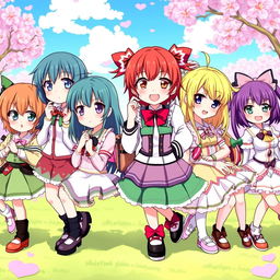 A vibrant and colorful scene featuring several anime-style girls in a row, each with distinct and unique outfits