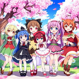 A vibrant and colorful scene featuring several anime-style girls in a row, each with distinct and unique outfits