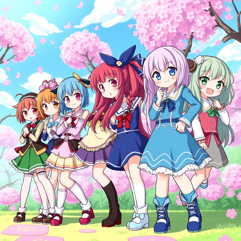 A vibrant and colorful scene featuring several anime-style girls in a row, each with distinct and unique outfits