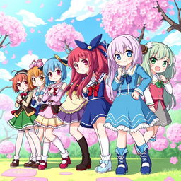 A vibrant and colorful scene featuring several anime-style girls in a row, each with distinct and unique outfits