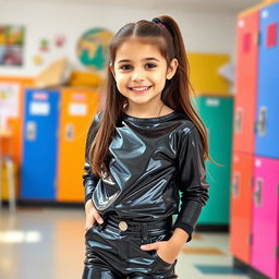 A fashionable young girl dressed in trendy black PVC jeans and a sleek black PVC shirt, radiating confidence and playful energy